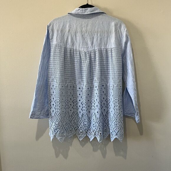 John Mark Top Women’s 0X Blue Button Up Linen Cotton Lace Back Roll Tab Sleeve - Picture 2 of 8